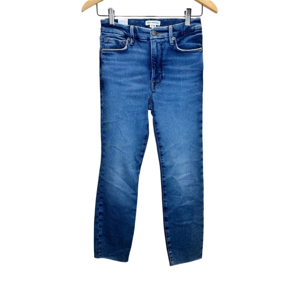 Good American Good Legs Skinny Jeans Womens 0/25 Blue Raw Hem High Rise Denim